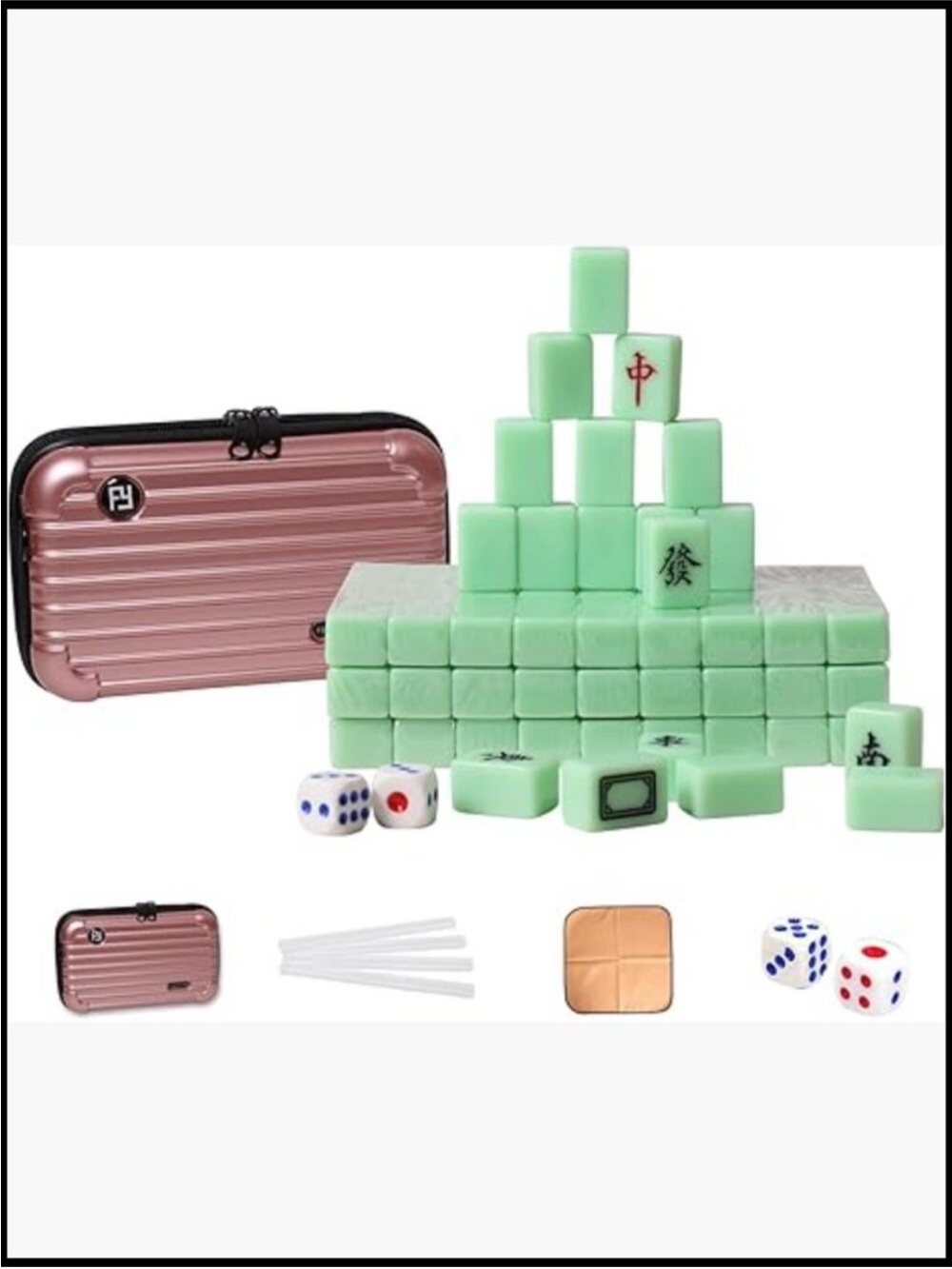 Mini Chinese Mahjong Set 144 Tiles Travel Case with Ruler Tablecloth Tile Racks